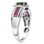 side profile of chrome diopside, ruby, and zircon halo ring highlighting prongs and band design
