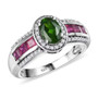 front view of chrome diopside, ruby, and zircon halo ring showing vivid green center and red side stones