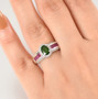 chrome diopside ruby and zircon halo ring in rhodium over sterling silver worn on a hand