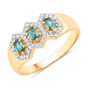 front view of alexandrite and diamond three-stone hexagon halo ring in solid 18k yellow gold