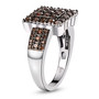 side view of red diamond square cluster ring in black and white rhodium over sterling silver