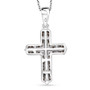 back view of red diamond cluster cross in black and white rhodium over sterling silver