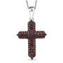 front view of the red diamond cross pendant showing the deep crimson sparkle and precision pavé setting under black rhodium finish