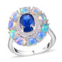 front view of kyanite ethiopian oval opal and white zircon ring in rhodium over solid 925 sterling silver