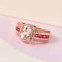 morganite pink tourmaline and white zircon ring in 18k rose gold over 925 sterling silver shown in a lifestyle photo