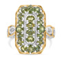 front view of the demantoid garnet cluster open work two tone ring displaying a rectangular green demantoid garnet cluster framed by two tone gold and rhodium detailing