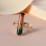 display image of the watermelon tourmaline and diamond ring in 14k yellow gold highlighting the vertical gradient from green to pink tourmaline