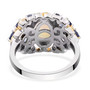 back view of ethiopian welo opal and tanzanite ring in 18k yellow gold and rhodium over 925 sterling silver