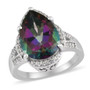 front view of mystic topaz and white zircon pear halo ring in rhodium over sterling silver featuring large pear shaped mystic topaz surrounded by white zircon halo