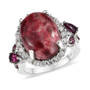 front view of thulite rhodolite oval garnet and zircon halo ring in rhodium over sterling silver