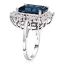 side view of london blue topaz and white zircon baguette halo ring in rhodium over 925 silver