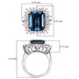 full view of london blue topaz and white zircon baguette halo ring in rhodium over 925 silver