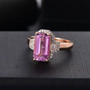 kunzite and moissanite art deco halo ring in 18k rose gold over sterling silver