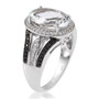 back view of goshenite black spinel and white zircon halo triple shank ring in rhodium over sterling silver