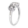 side view of goshenite and diamond trilogy ring in rhodium over sterling silver