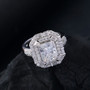 radiant cut moissanite double halo ring in rhodium over 925 silver