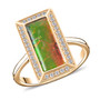 front view of canadian ammolite and diamond rectangle halo ring in 10k yellow gold