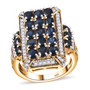 front view of sapphire and white zircon art deco cluster ring in 18k yellow gold over silver
