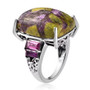 side view of atlantisite and cabochon rhodolite garnet cushion cocktail ring in rhodium over sterling silver