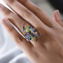 atlantisite and multi gem halo cocktail ring in rhodium over sterling silver shown for size comparison