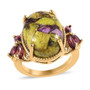 front view of atlantisite and cabochon rhodolite garnet ring in 18k yellow gold over sterling silver