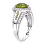 side view of peridot and white zircon trillion halo ring in rhodium over sterling silver
