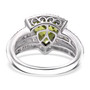 back view of peridot and white zircon trillion halo ring in rhodium over sterling silver