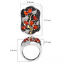 measurement diagram of fire opal, black spinel, and zircon cluster ring with labeled gemstone and ring dimensions in inches measurement diagram of fire opal, black spinel, and zircon cluster ring with labeled gemstone and ring dimensions in inches