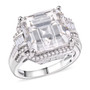 front view of moissanite and emerald cut ring with baguette and round accents in rhodium over sterling silver