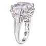 side view of emerald cut moissanite ring with baguette side stones and vintage filigree details in rhodium finish side view of emerald cut moissanite ring with baguette side stones and vintage filigree details in rhodium finish