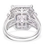 back view of moissanite and emerald cut ring with baguette and round accents in rhodium over sterling silver