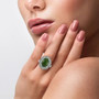 nephrite jade green sapphire and zircon oval double halo ring in rhodium over sterling silver worn on a hand