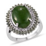 front view of nephrite jade double halo ring featuring a rich green oval jade cabochon framed by sparkling green sapphire and white zircon accents in silver