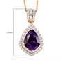 amethyst pendant necklace with moissanite halo and baguette accents in 18k yellow gold over sterling silver shown for size comparison