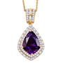 front view of amethyst pendant necklace with moissanite halo and baguette accents in 18k yellow gold over sterling silver