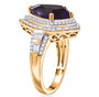 side view of amethyst kite cut ring with moissanite halo and baguette accents in 18k yellow gold over sterling silver