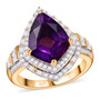 front view of amethyst kite cut ring with moissanite halo and baguette accents in 18k yellow gold over sterling silver front view of amethyst kite cut ring with moissanite halo and baguette accents in 18k yellow gold over sterling silver