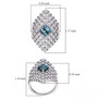 blue zircon and moissanite cluster ring in rhodium over sterling silver shown for size comparison