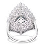 back view of blue zircon and moissanite cluster ring in rhodium over sterling silver