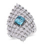 front view of blue zircon emerald cut and moissanite cluster ring in rhodium over sterling silver