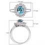 size chart showing dimensions of blue zircon oval halo ring with moissanite baguette and round halo in rhodium plated sterling silver size chart showing dimensions of blue zircon oval halo ring with moissanite baguette and round halo in rhodium plated sterling silver