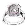 back view of moissanite and pink sapphire double halo ring showing open undergallery and rose gold detailing beneath setting back view of moissanite and pink sapphire double halo ring showing open undergallery and rose gold detailing beneath setting