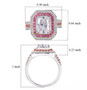size chart showing dimensions of moissanite and pink sapphire double halo ring in two tone rhodium and 18k rose gold over sterling silver size chart showing dimensions of moissanite and pink sapphire double halo ring in two tone rhodium and 18k rose gold over sterling silver