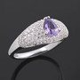 purple sapphire pear ring with diamond pave displayed on black surface showing vivid violet gem and platinum shine purple sapphire pear ring with diamond pave displayed on black surface showing vivid violet gem and platinum shine