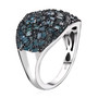 side view of blue diamond mosaic dome ring in blue and white rhodium over sterling silver