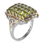 side profile of vesuvianite cluster ring highlighting elevated cushion grid of green gemstones with two-tone scrollwork gallery in gold and silver side profile of vesuvianite cluster ring highlighting elevated cushion grid of green gemstones with two-tone scrollwork gallery in gold and silver