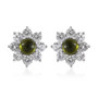 front view of vesuvianite and white zircon flower halo stud earrings featuring round cabochon vesuvianite centers surrounded by white zircon petals in high-polish rhodium finish front view of vesuvianite and white zircon flower halo stud earrings featuring round cabochon vesuvianite centers surrounded by white zircon petals in high-polish rhodium finish