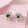 vesuvianite and round white zircon flower halo stud earrings in rhodium over sterling silver