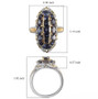 measurement diagram of iolite elongated cluster ring in two-tone 18k yellow gold and rhodium over sterling silver showing gemstone and ring dimensions in inches