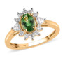 front view of tsavorite garnet and moissanite oval halo ring in 10k yellow gold